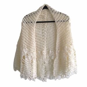 𝅺Hand Knit Boho Crochet Shawl Wrap Cardigan Sweater Cream One Size